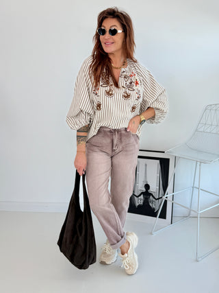 Bluse gestreift Rost/Creme, V-Ausschnitt für Damen in Einheitsgröße 36-42
