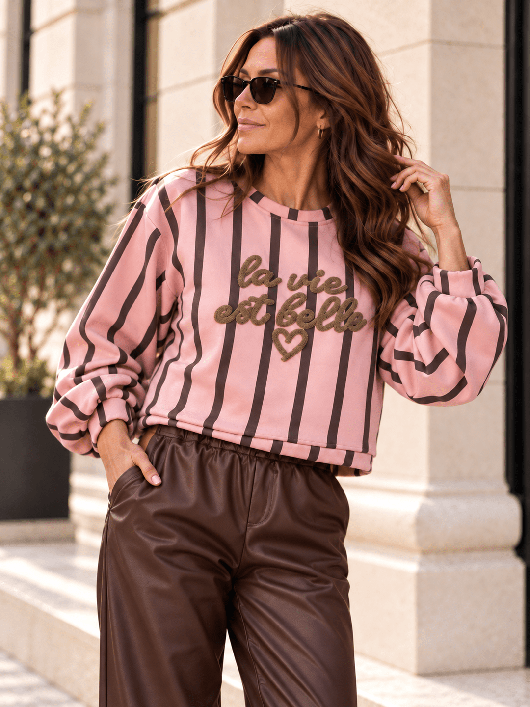Sweater in Braun/Rosa mit Frottee-Print für Damen in Einheitsgröße 36-42 - Levelone GmbH & Co. KG